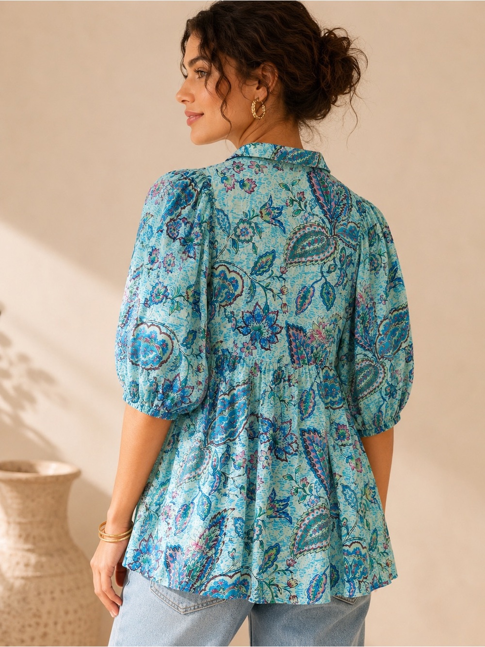 Umgee Boho Aqua Blue/Purple Paisley Floral Pintuck Puff Sleeve Blouse Top 1XL - Picture 3 of 8